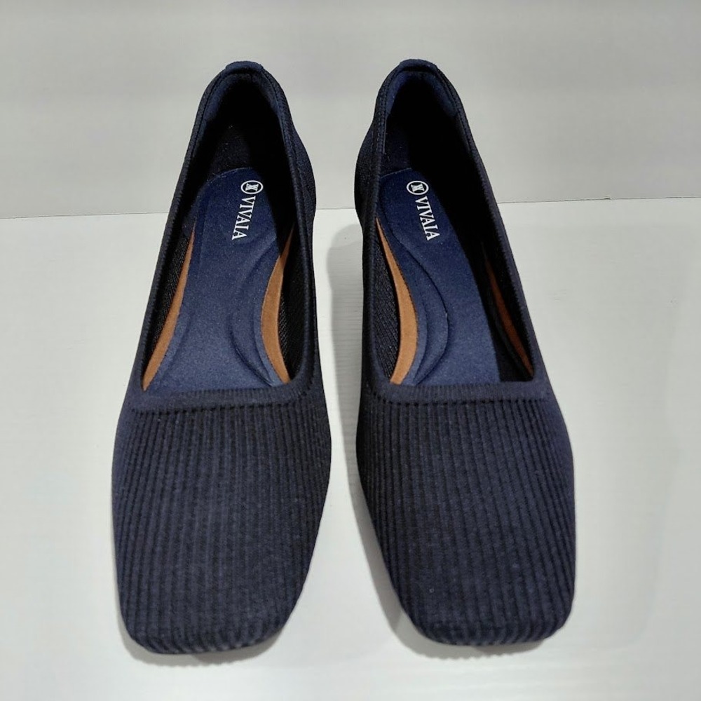 Vivaia Melody 2.0 Navy Blue Ribbed Knit Square Toe Block Heel Pumps Size 39 - Picture 4 of 11